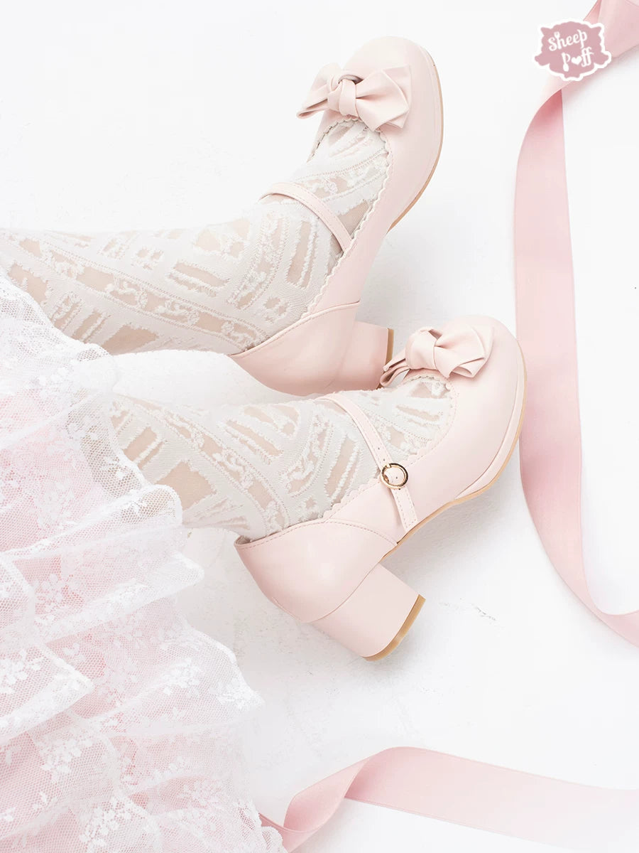 Sheep Puff Elegant Bow Mid Heel Lolita Shoes with decorative bow, crafted in stylish design, perfect for fashion-forward footwear.