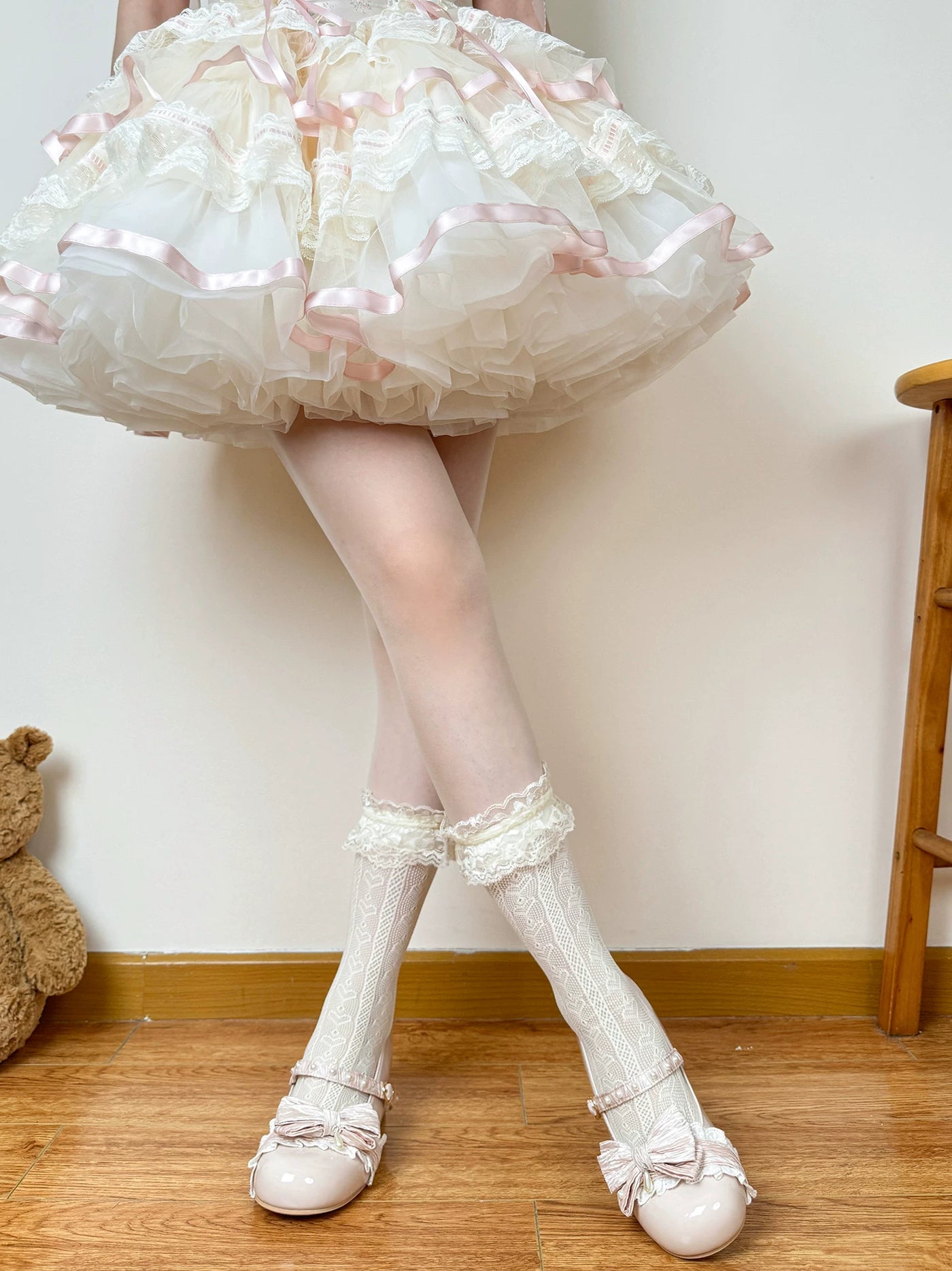 Chubby Bear Tales - Openwork Bow - Thin Mid-Calf Lace Socks with Bow Detail