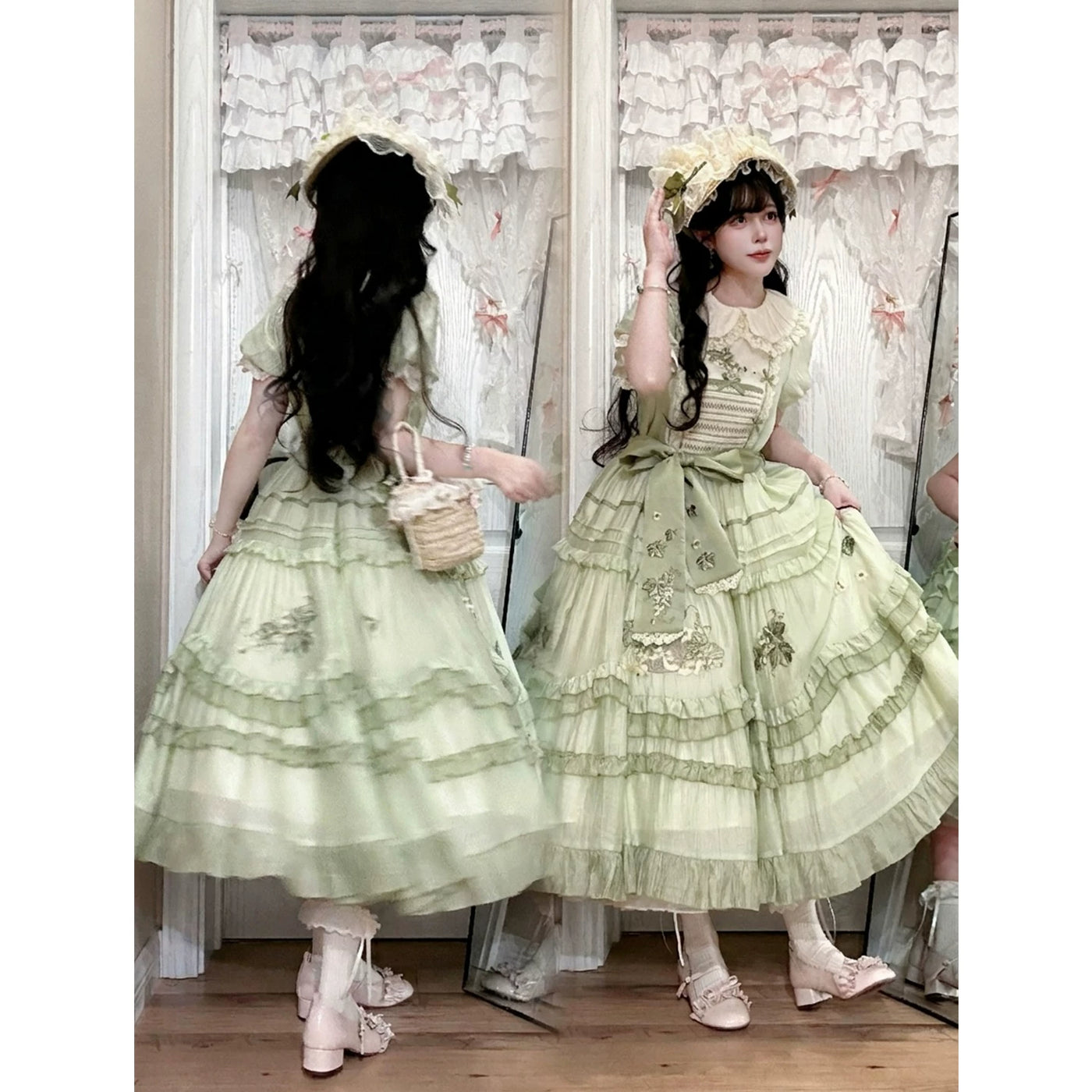 Creamy - Green Grape Embroidery - OP dress with a full tiered skirt