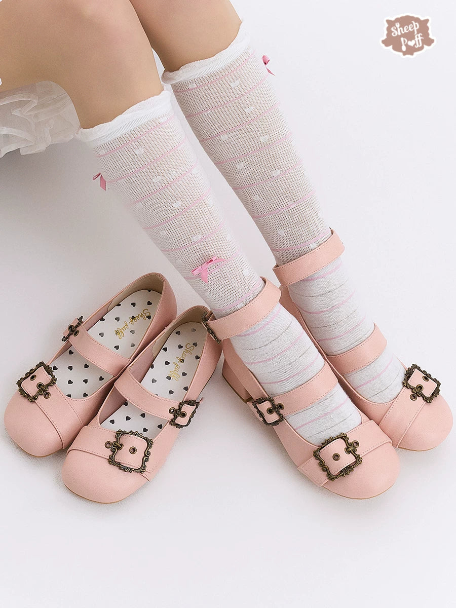 Sheep Puff Curly Sheep Mid-Low Heel Lolita Shoes with white and black curly sheep design and rounded toe.