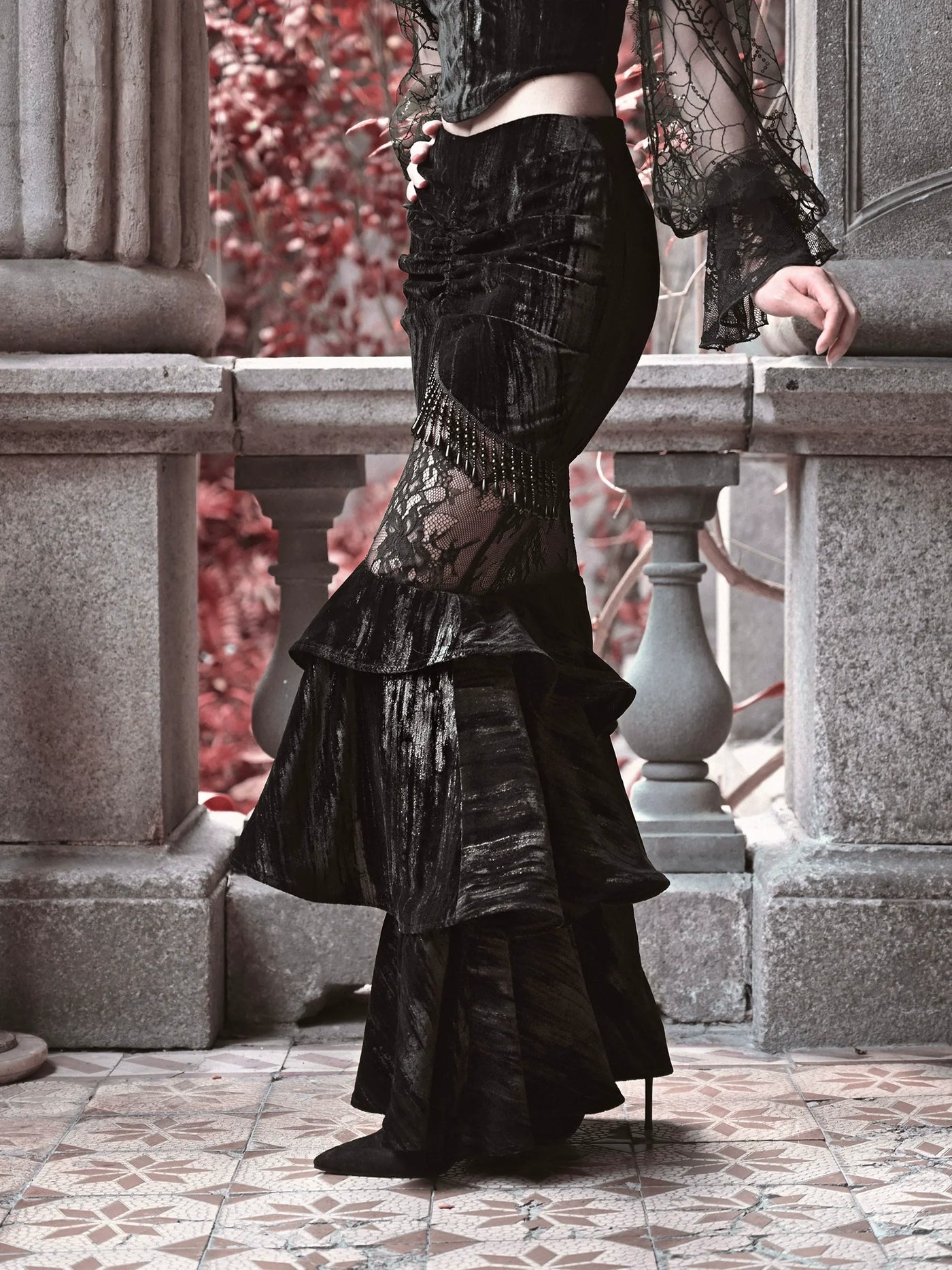 BLOOD SUPPLY - Duchess - Gothic Lolita Velvet Mermaid Skirt with Layered Frills - product detail 3