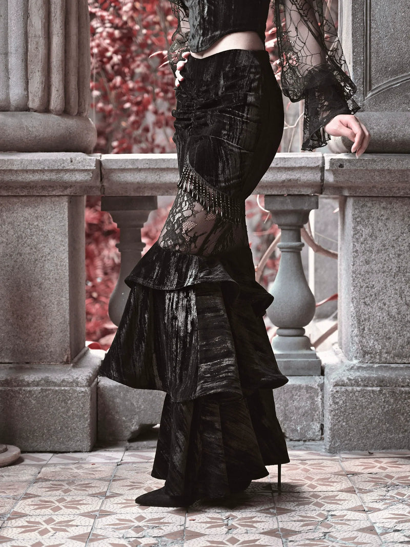 BLOOD SUPPLY - Duchess - Gothic Lolita Velvet Mermaid Skirt with Layered Frills - product detail 3
