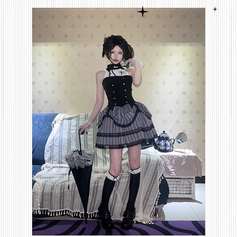 Baozi Pig - Witch's Shop - Gothic OP Dress with Corset-Style Bodice and Striped Skirt