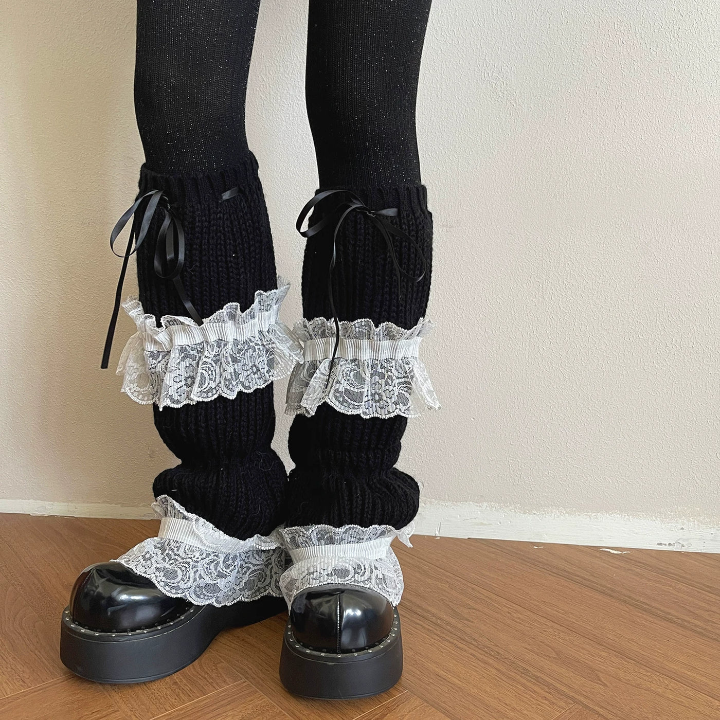 Sock Noble - Dark Lace Knit - Pants with black sock-cover or shiny tights options