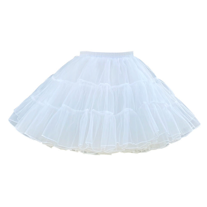 White A-line Lolita petticoat with four layers and tiered ruffles.