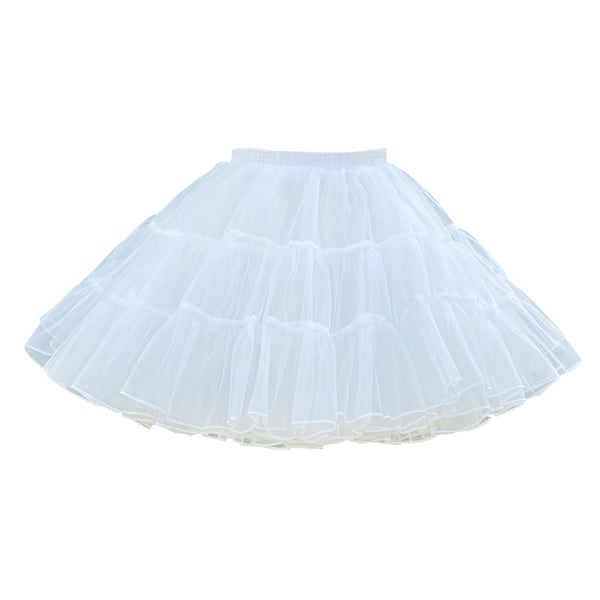 White A-line Lolita petticoat with four layers and tiered ruffles.