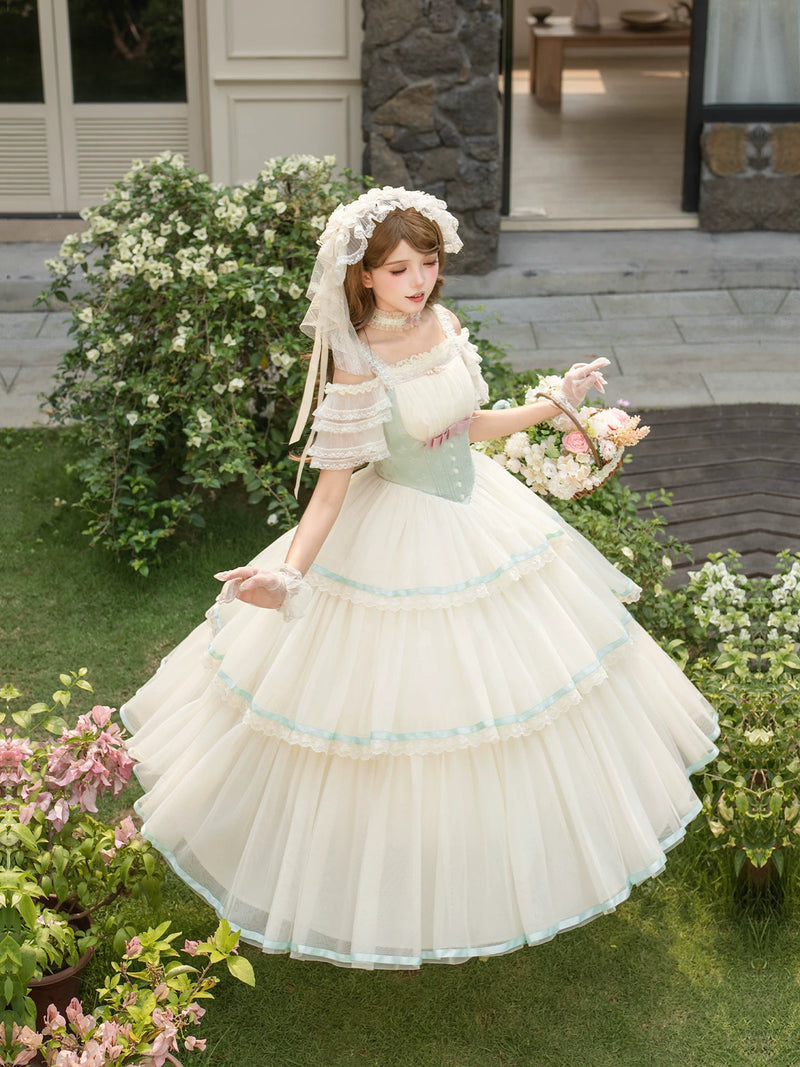 With PUJI - Sea Salt Soda - Classic Lolita Adjustable Corset JSK Dress, Tiered Tulle Hem detail view 3