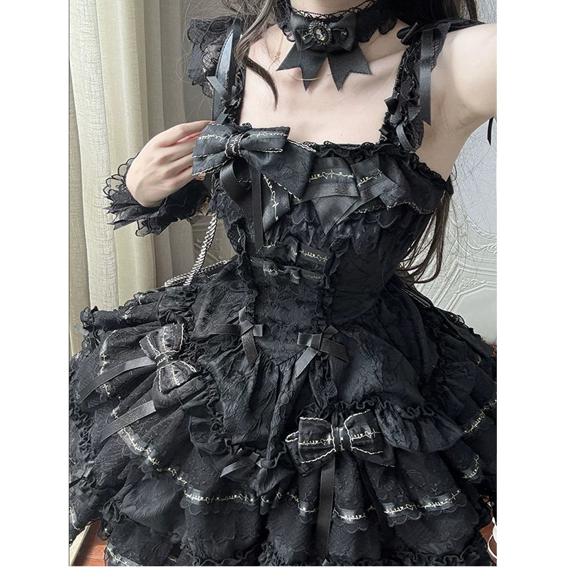 Creamy - Black Ballet - Black One-Piece Dress Set with Tiered Lace Ruffles