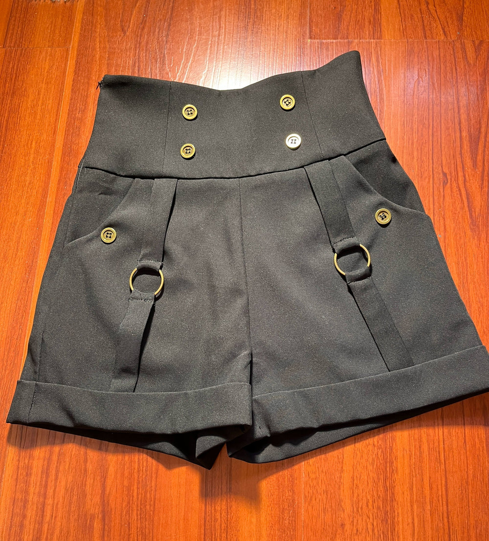Black high-waisted Ouji Lolita shorts with ring-tab straps and metal buttons