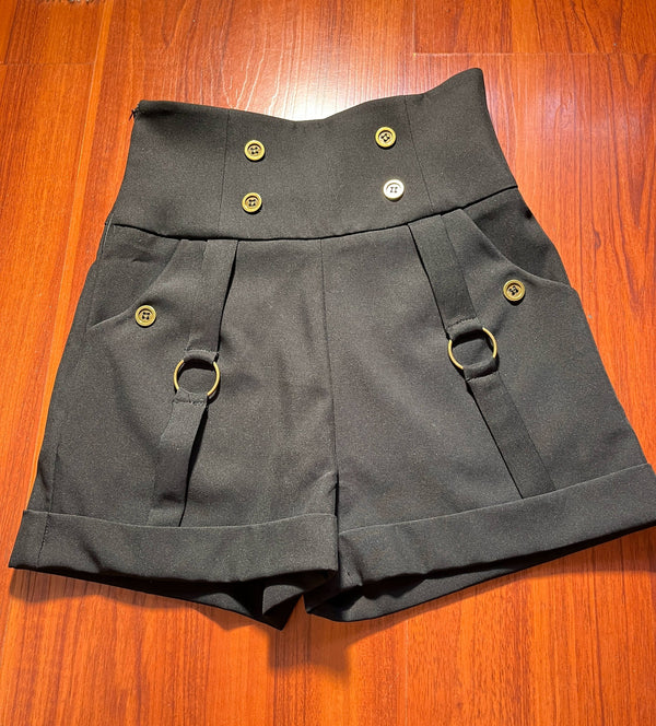 Black high-waisted Ouji Lolita shorts with ring-tab straps and metal buttons