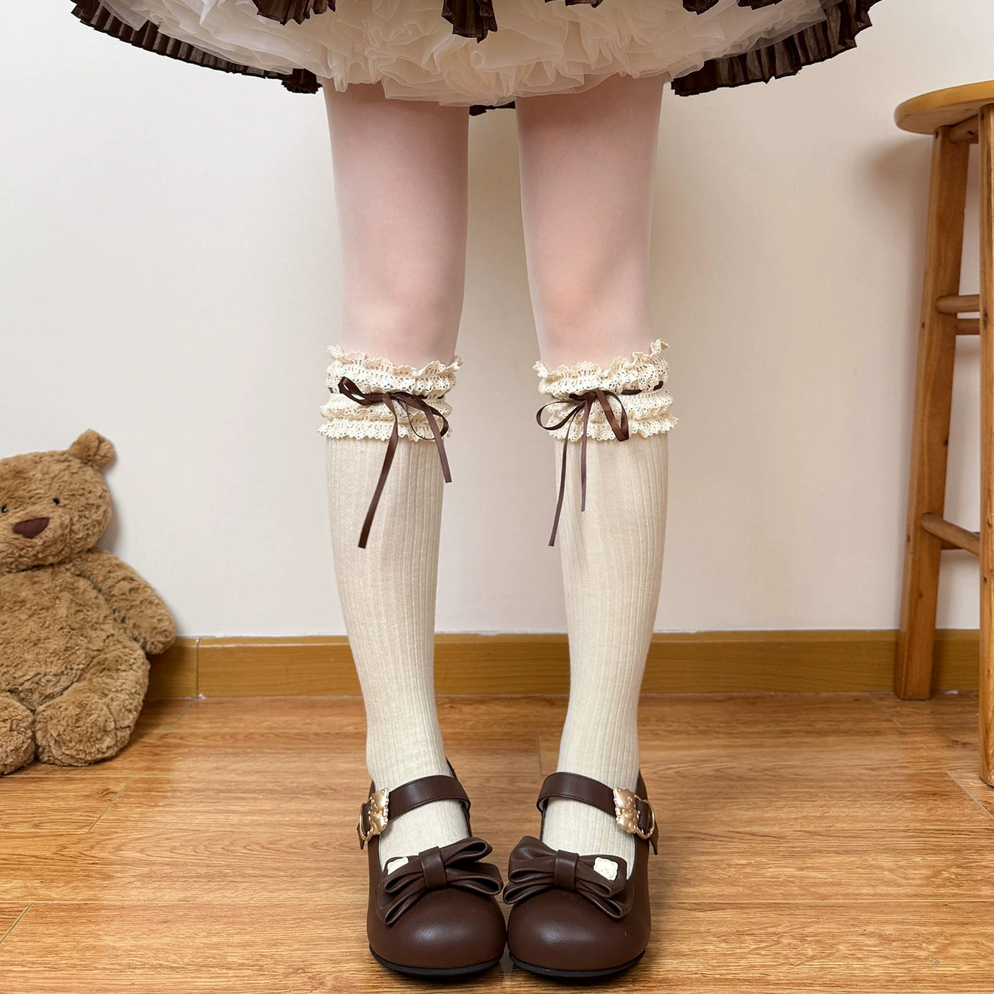 Chubby Bear Tales - Caramel Cocoa - Lace Bow Calf and Over-the-Knee Socks