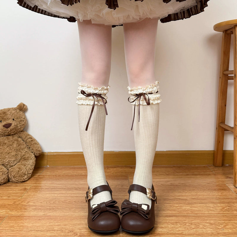Chubby Bear Tales - Caramel Cocoa - Lace Bow Calf and Over-the-Knee Socks