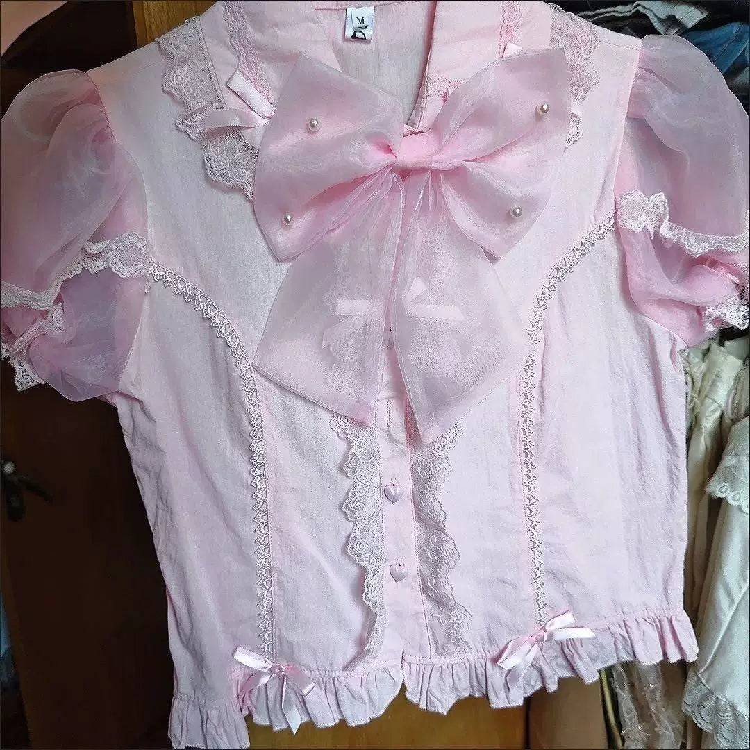 Sweetheart Dream Machine - Summer Ribbon Lace - Short-sleeve blouse with a ruffled lace collar