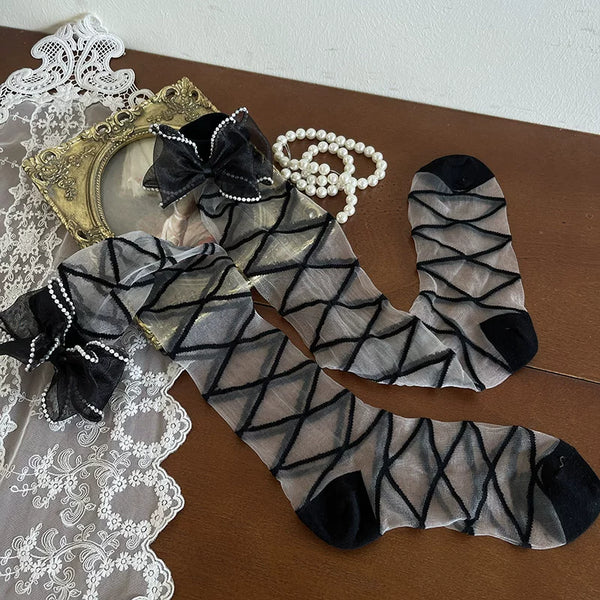 Black Gothic Lolita mid-calf crystal sock with sheer knit