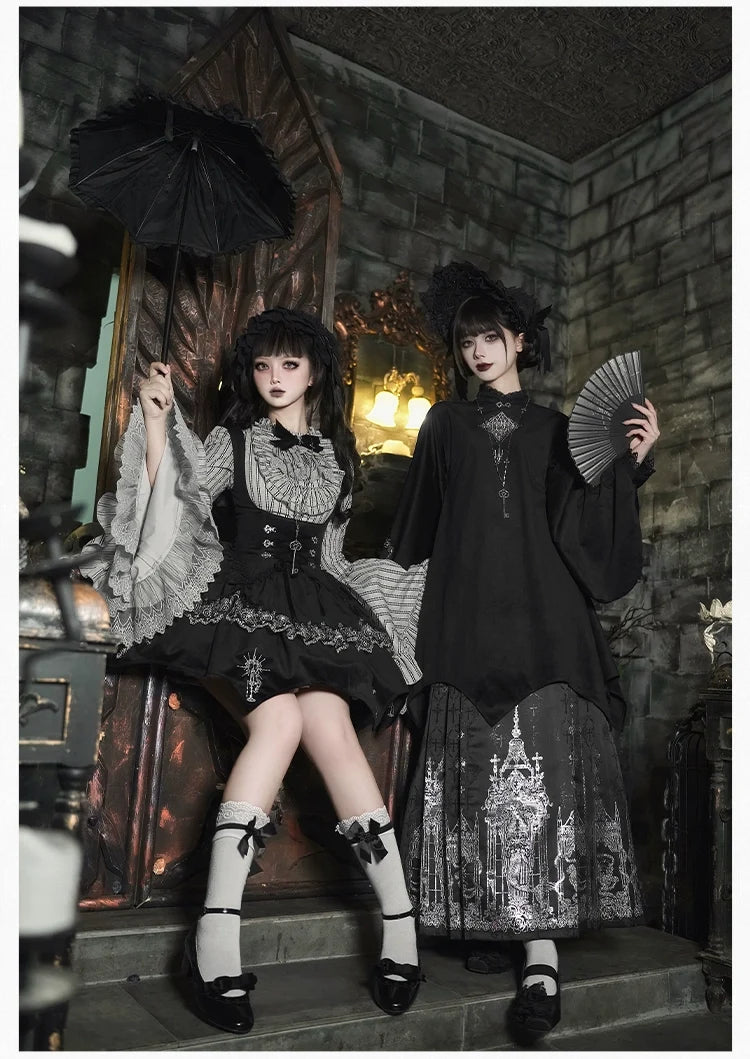 With PUJI - Raven's Night Song - Oriental Aesthetics Gothic Lolita Dress Set