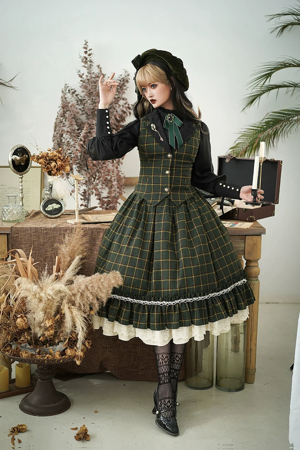 (BFM)Miss Point~Rose~Elegant Lolita Fishbone Grid Skirt Customized (XS) 32512:385010