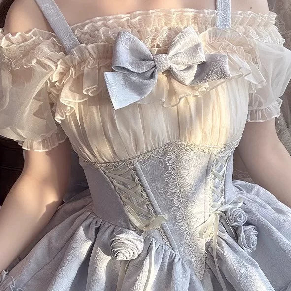 Zhijinyuan Sheer Mesh Off Shoulder Blouse — Mesh blouse styled beneath a Lolita JSK