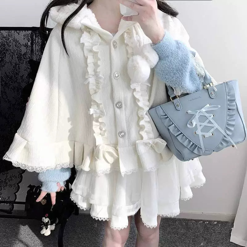 Sweetheart Dream Machine - Pompom Sweetheart - Hooded Cape with Plush Trim and Pompom Ties