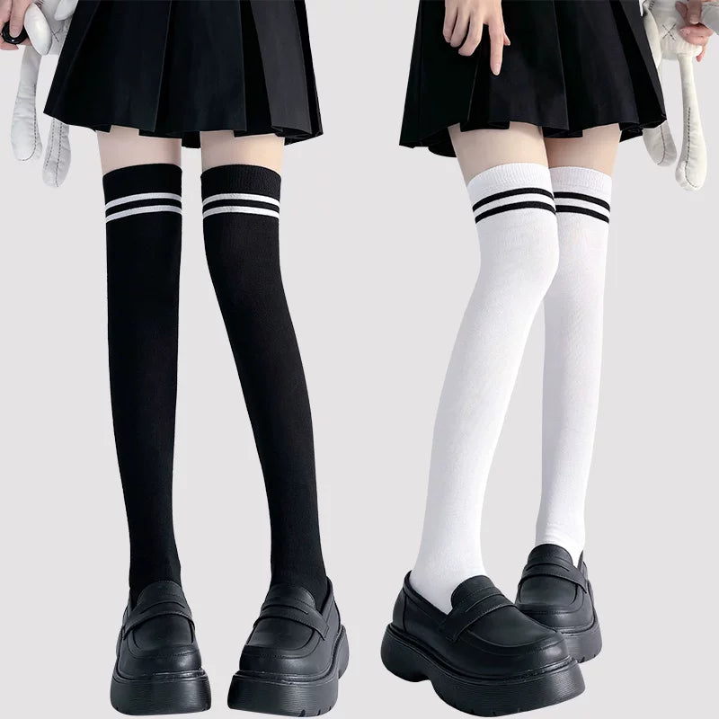 Black and white over-the-knee socks with contrasting double stripes