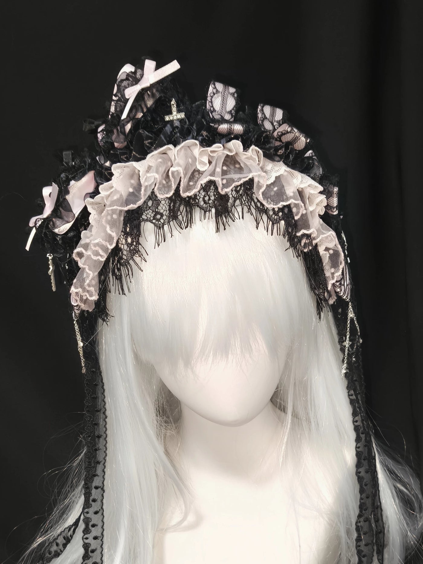 Dokisuru - Cross Lace - Heavily Embellished Lace Hairband with Bows and Cross Accents