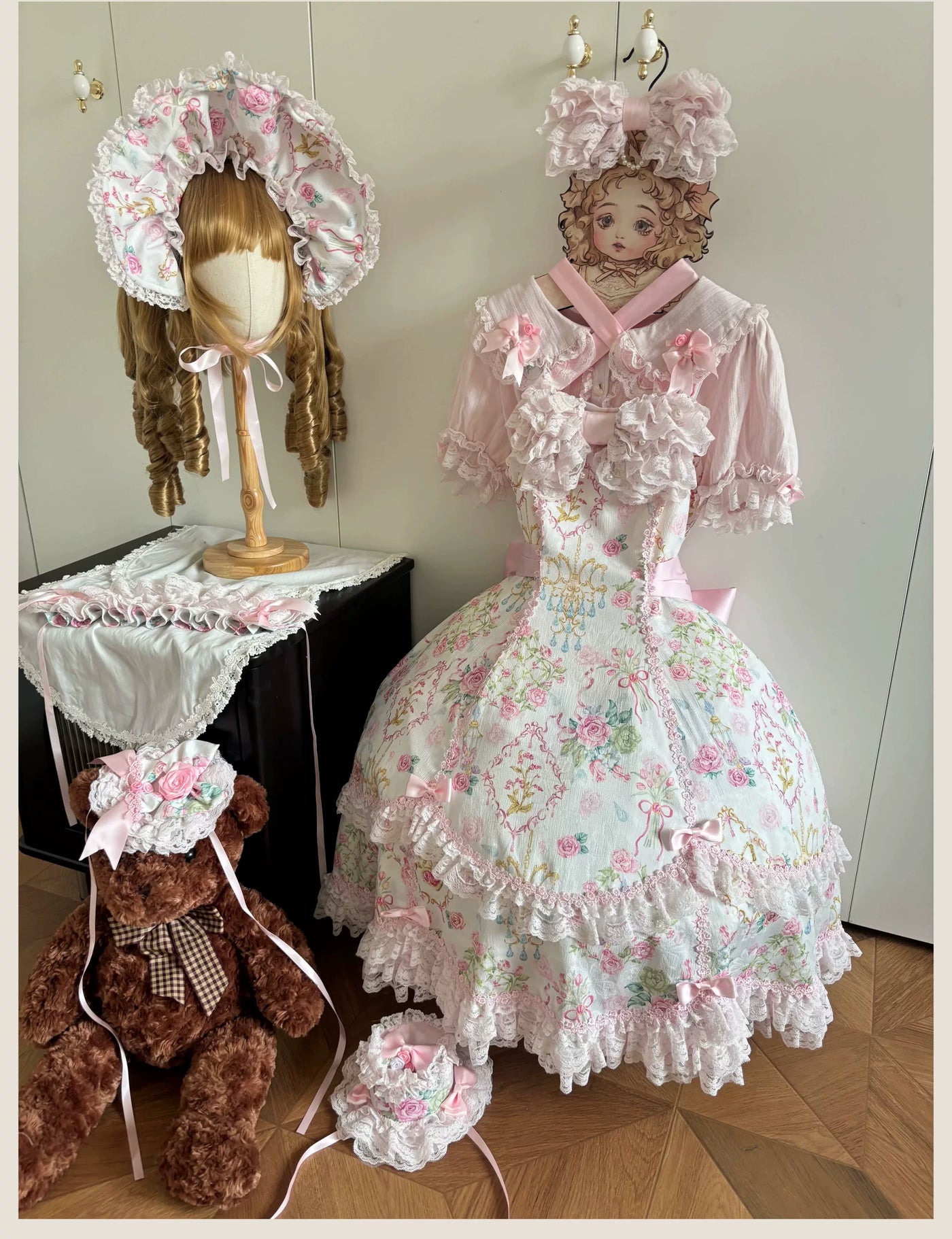 Tata Long Ear - Spring 2025 Floral Wall - Floral Print JSK Dress with Layered Lace Ruffles