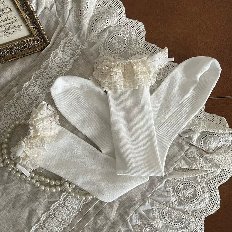 Sock Noble - Cream Lace Cake - Over-the-knee and mid-calf socks with layered lace bows