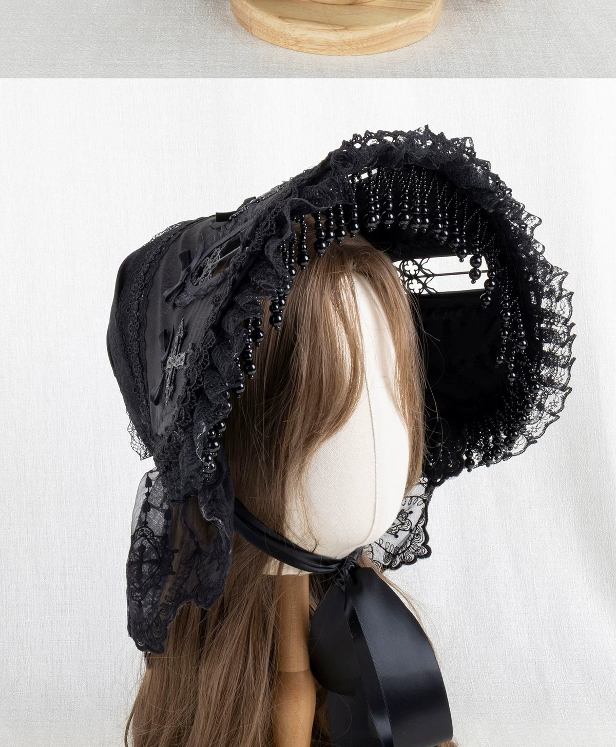 Lightbound Narrative - Cross Window - Bonnet with Lace Ruffle and Cross Motifs