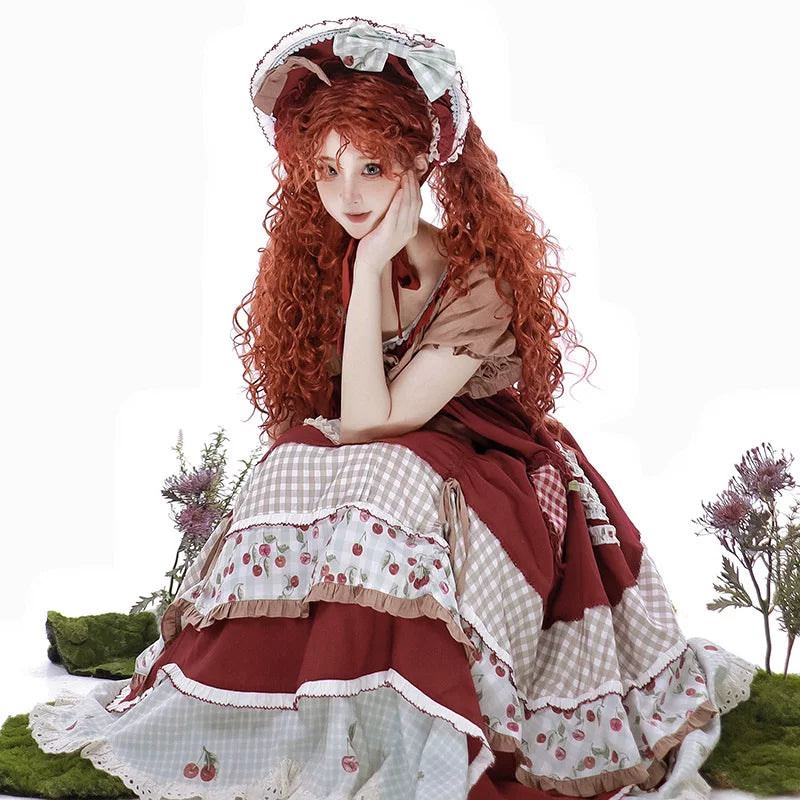 Cherry-themed headwear with bows and lace edging in a pastoral Lolita coordinate