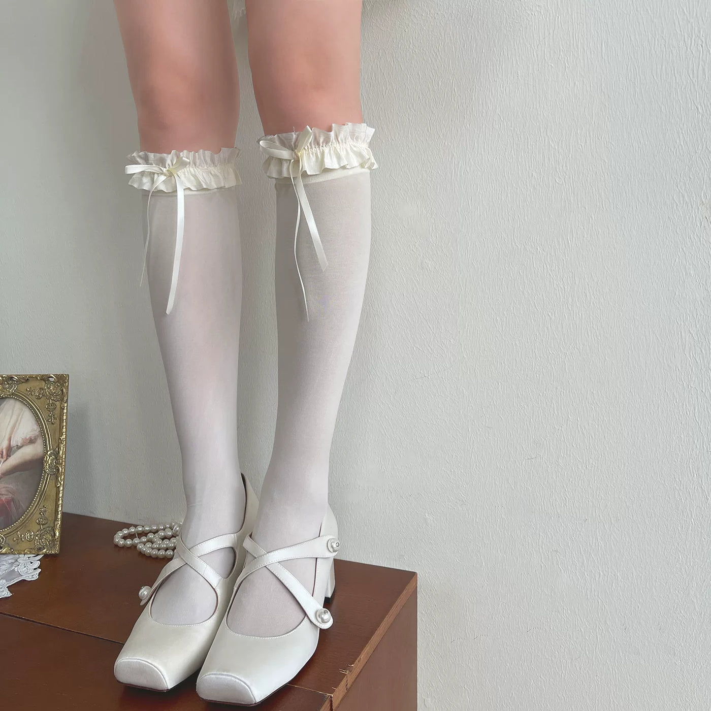 Sock Noble - Gray Ruffle - Velvet Slouch Socks with Bow-Tied Ruffle Cuffs