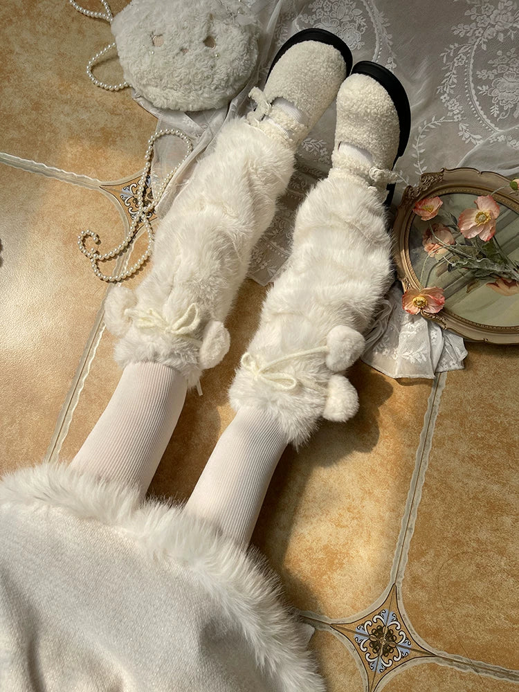 Sock Noble - Winter Plush - White Plush Leg Warmers with Tie Details