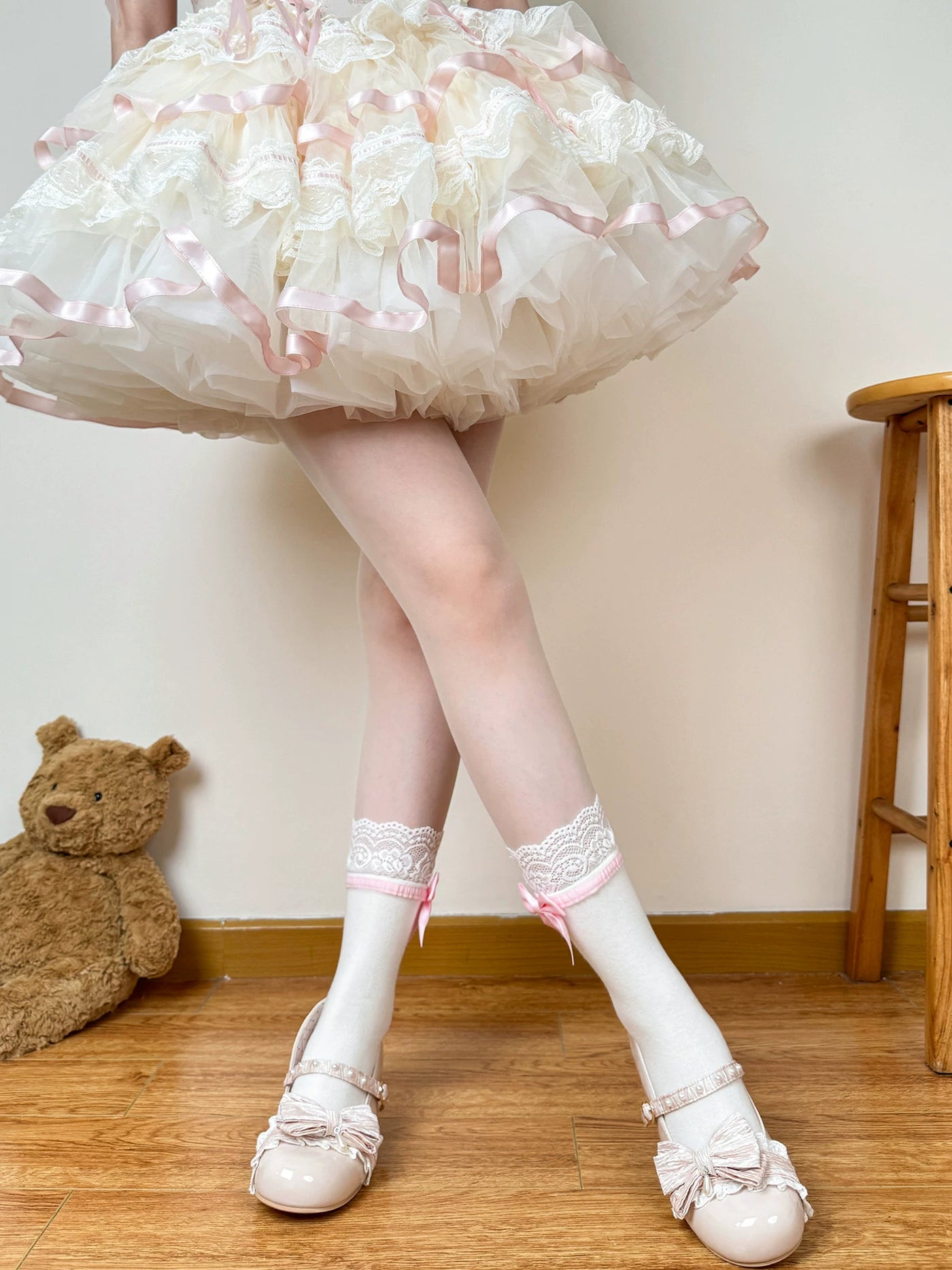 Chubby Bear Tales - Doll Side Bow - White Socks with Flocked Side Bows in Three Lengths