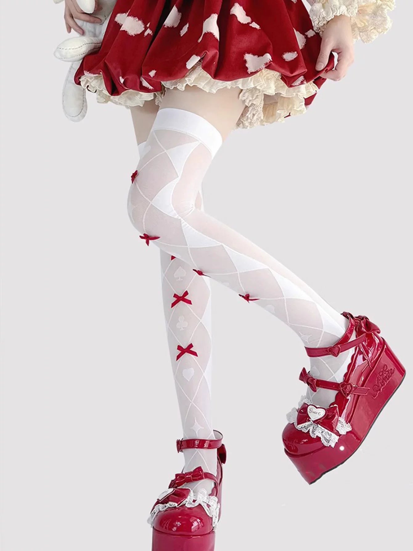Fantasy Doll - Ribbon Jacquard - Over-the-knee jacquard socks with card-suit motifs