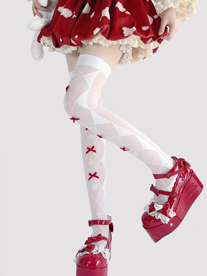 Fantasy Doll - Ribbon Jacquard - Over-the-knee jacquard socks with card-suit motifs