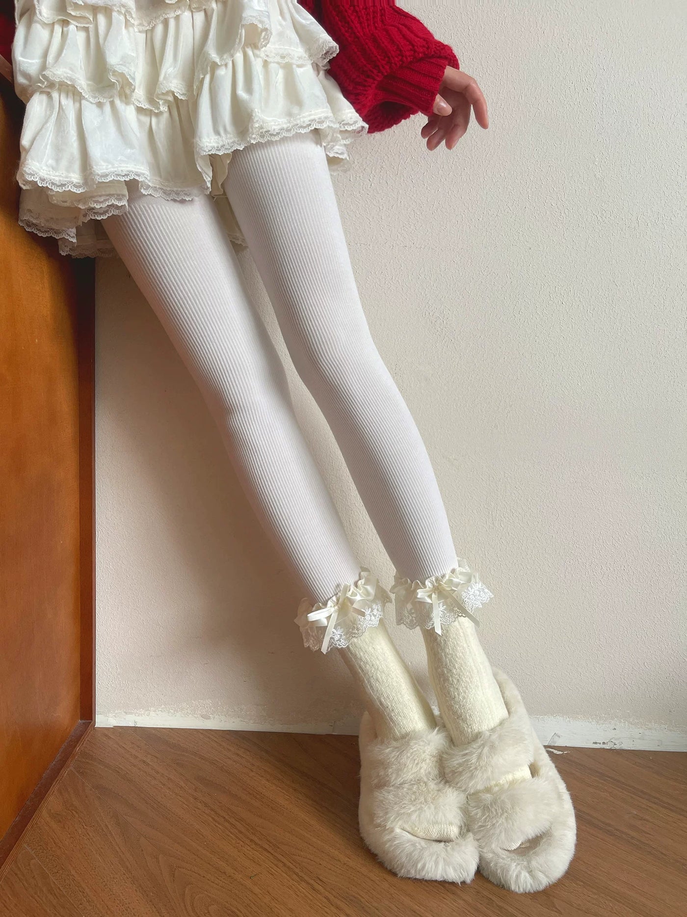 Sock Noble - Winter Ruffle - Slouch Mid-Calf Socks with Satin-Lace Cuffs