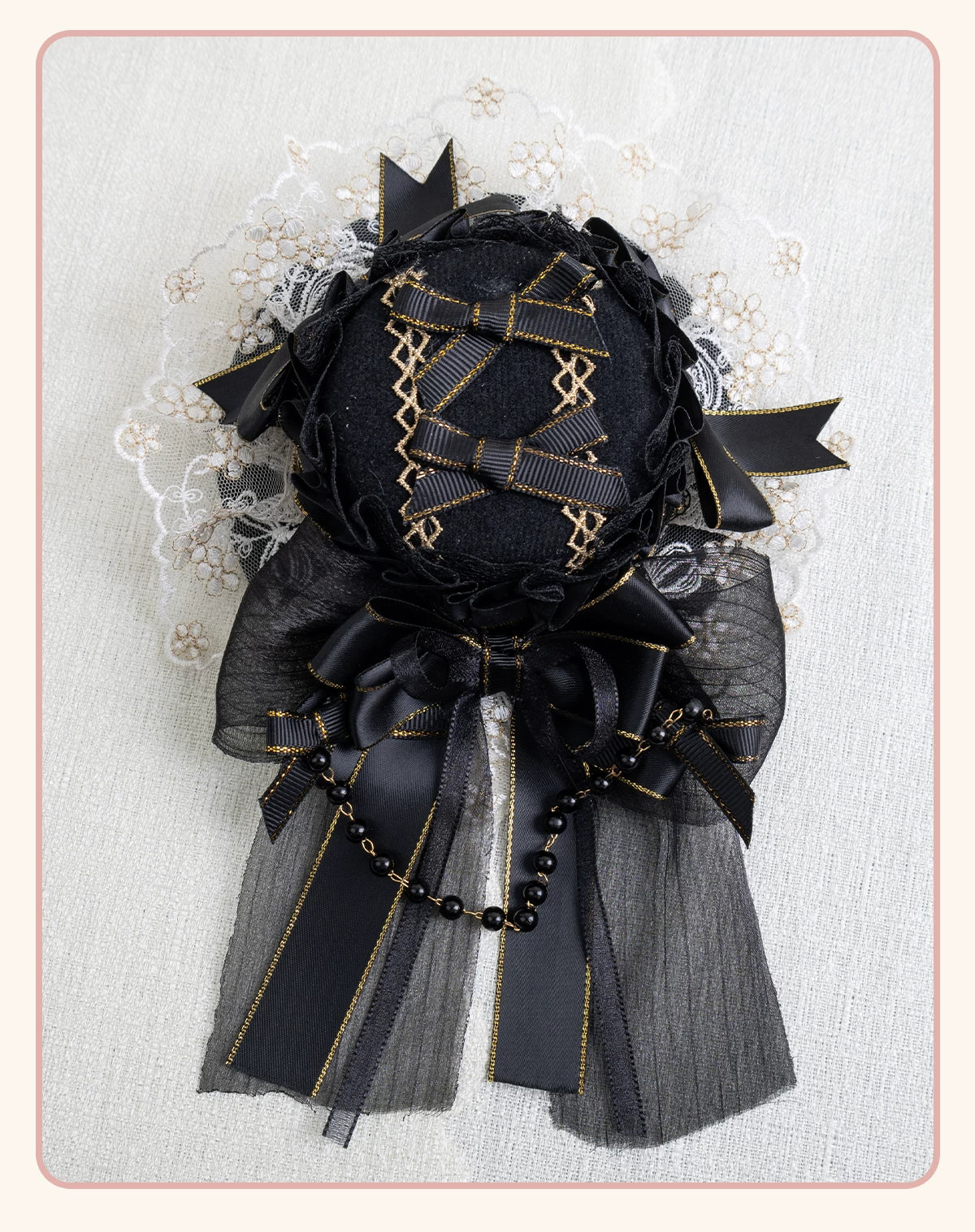 Stardust Rose - Night Banquet - Black-and-Gold Lolita Headwear with Lace and Bows