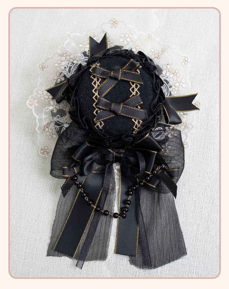 Stardust Rose - Night Banquet - Black-and-Gold Lolita Headwear with Lace and Bows