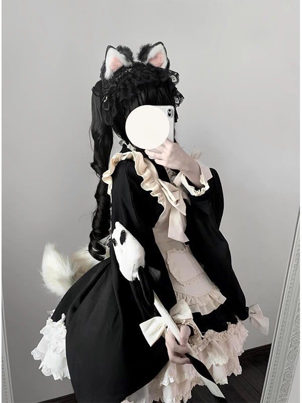 Creamy - Black and Ivory Maid - Two-Piece Dress and Suspender Apron Set with Bows