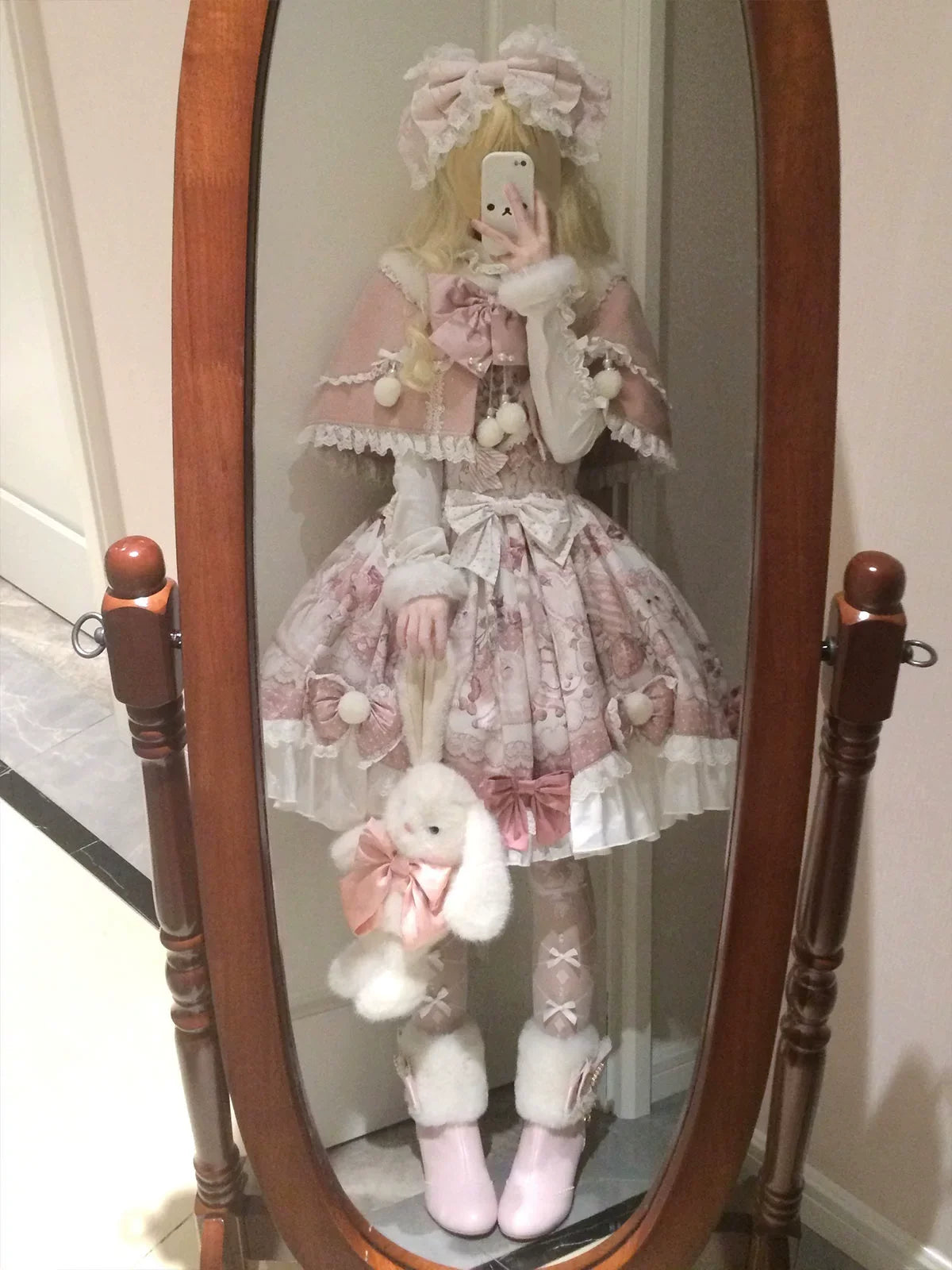 Matutu - Dessert Catlets - Sweet Lolita JSK dress and faux-fur collar cape set with cat and strawberry prints - product detail 11
