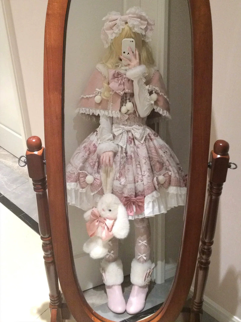 Matutu - Dessert Catlets - Sweet Lolita JSK dress and faux-fur collar cape set with cat and strawberry prints - product detail 11