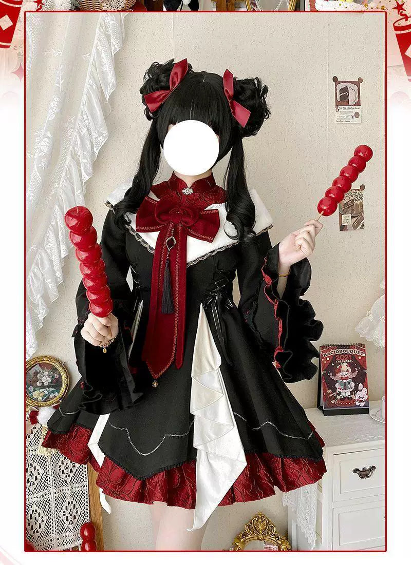 Sweetheart Dream Machine - Maohua - Black-Red Chinese-Style OP Dress with Ruffled Bib