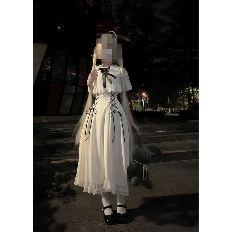 Creamy - Bow-Laced - White Lolita Dress with a Full Skirt and Waist Ties