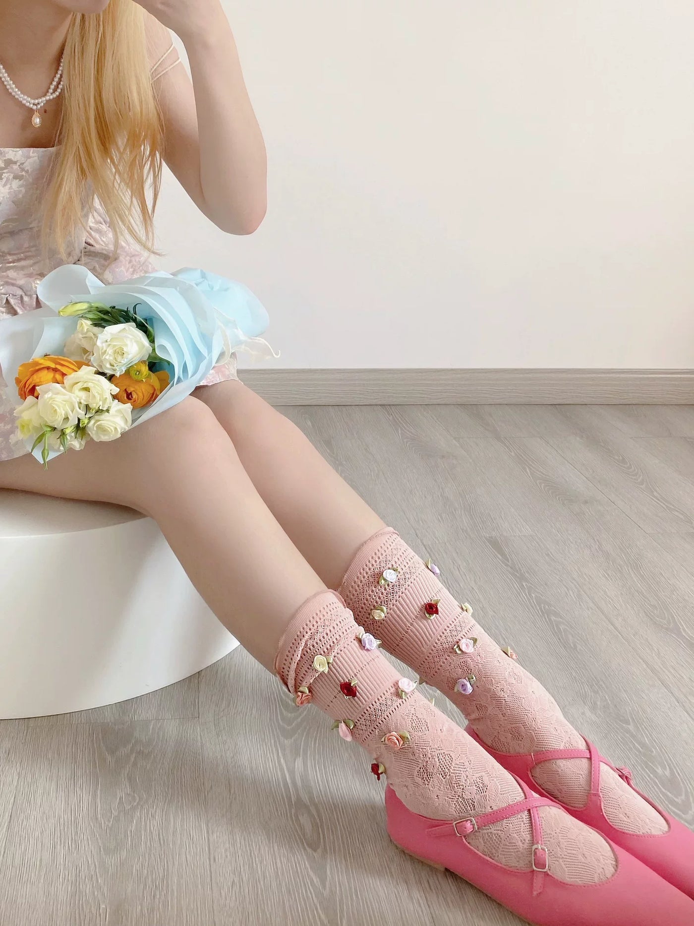 Fantasy Doll - Rose Lace - Floral Openwork Mid-Calf Socks