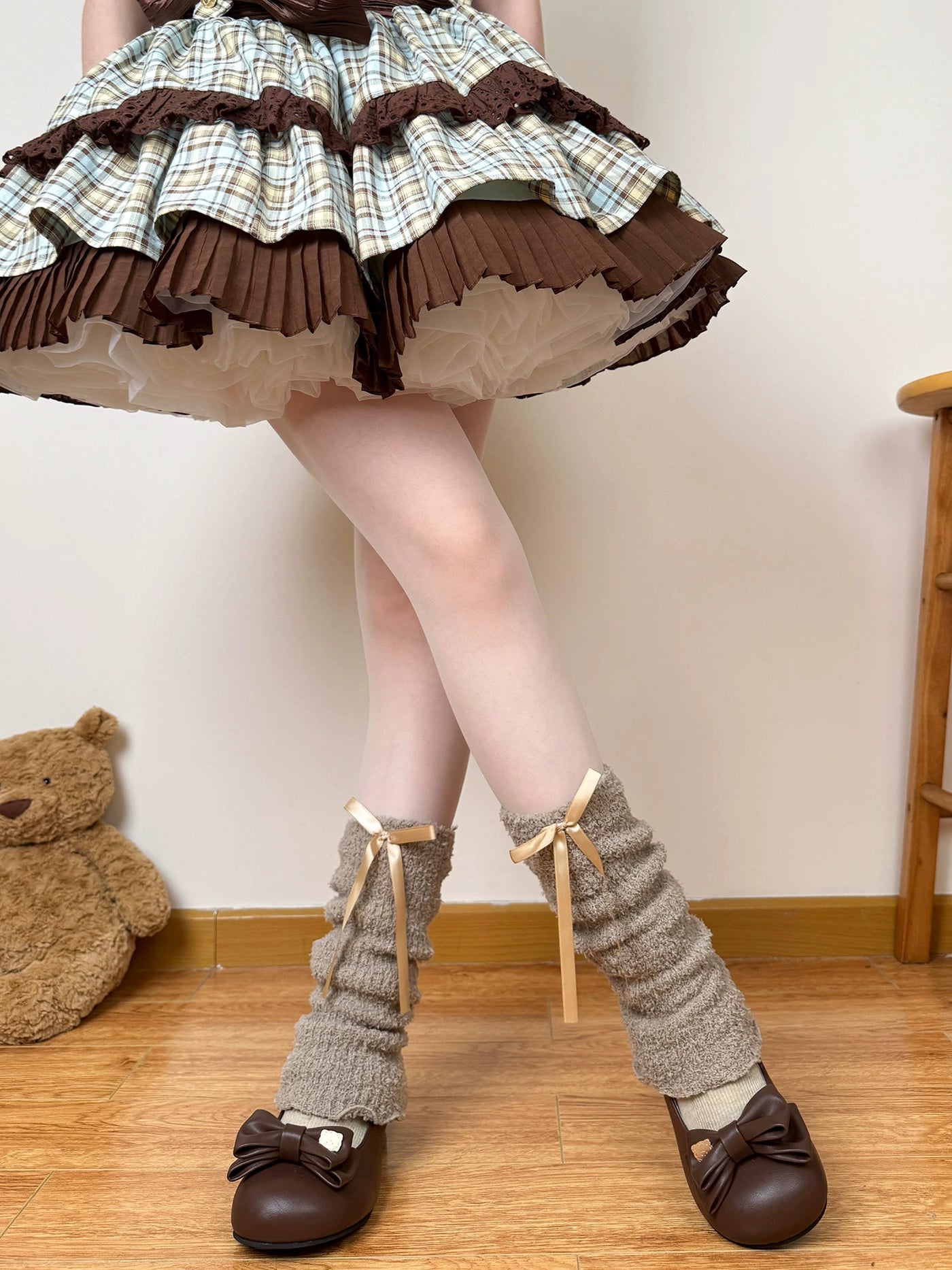 Chubby Bear Tales - Caramel Cocoa - Thick Scrunched Sock Covers with Ribbon Bows