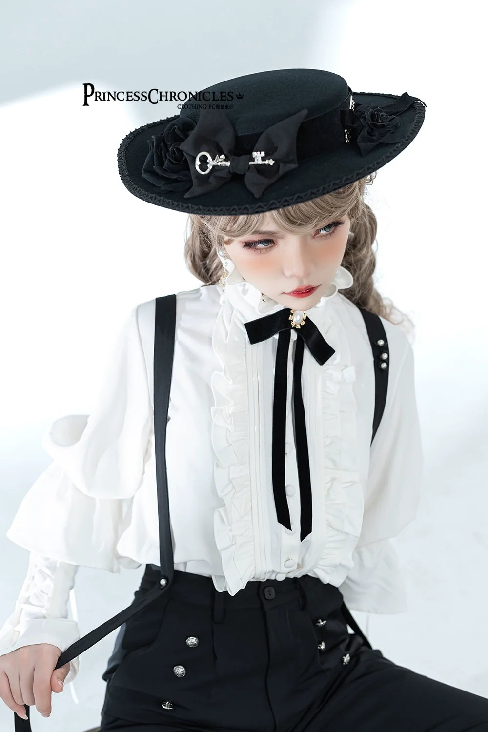 Xuan Yin - Vintage Ouji Lolita White Shirt & Black Pants S Shirt Only