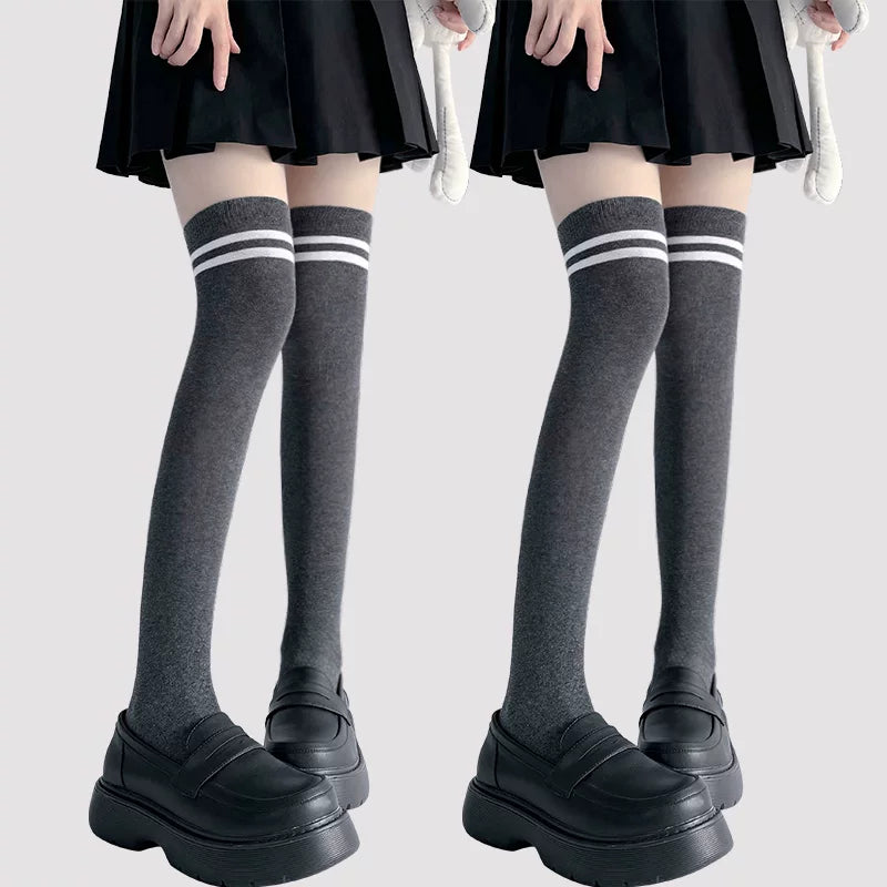 Floral Milk Cat - Double Stripe - Cotton Over-the-Knee Socks with Contrast Double Stripes