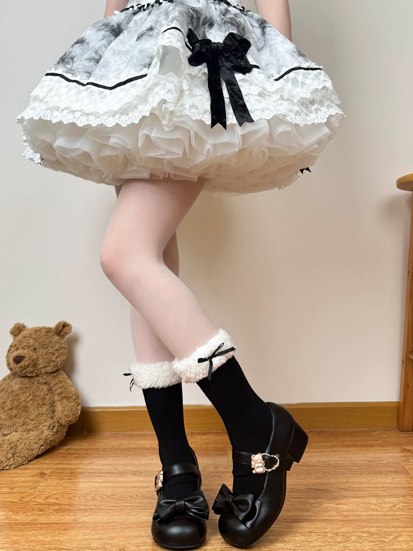 Chubby Bear Tales - Fleece Bow Layers - Fluffy Mid-Calf Socks with Ribbon Cuffs