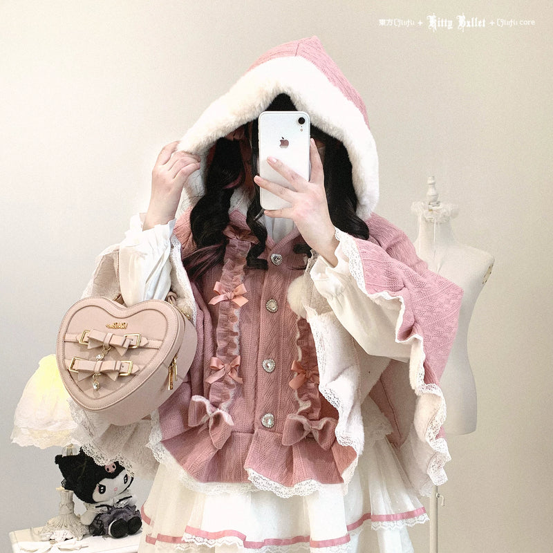 KittyBxllet Pompom Sweetheart Hooded Fleece-Lined Cape — Cherry Blossom Pink - Button Version, Ready-Stock Option