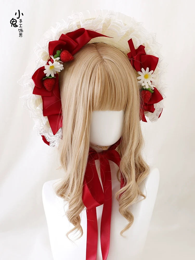 Xiaogui - Sweet Lolita Hat Strawberry Bonnet - with Lace and Bow Headwear