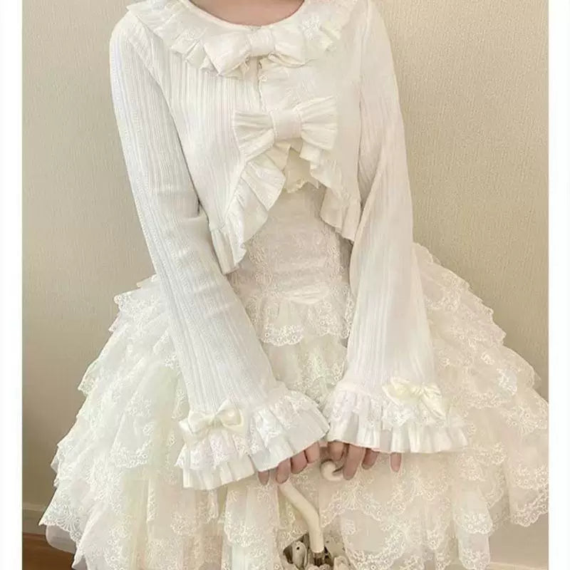 Sweetheart Dream Machine - Ribbon Knit - Knit Cardigan with a Lace Collar and Bows
