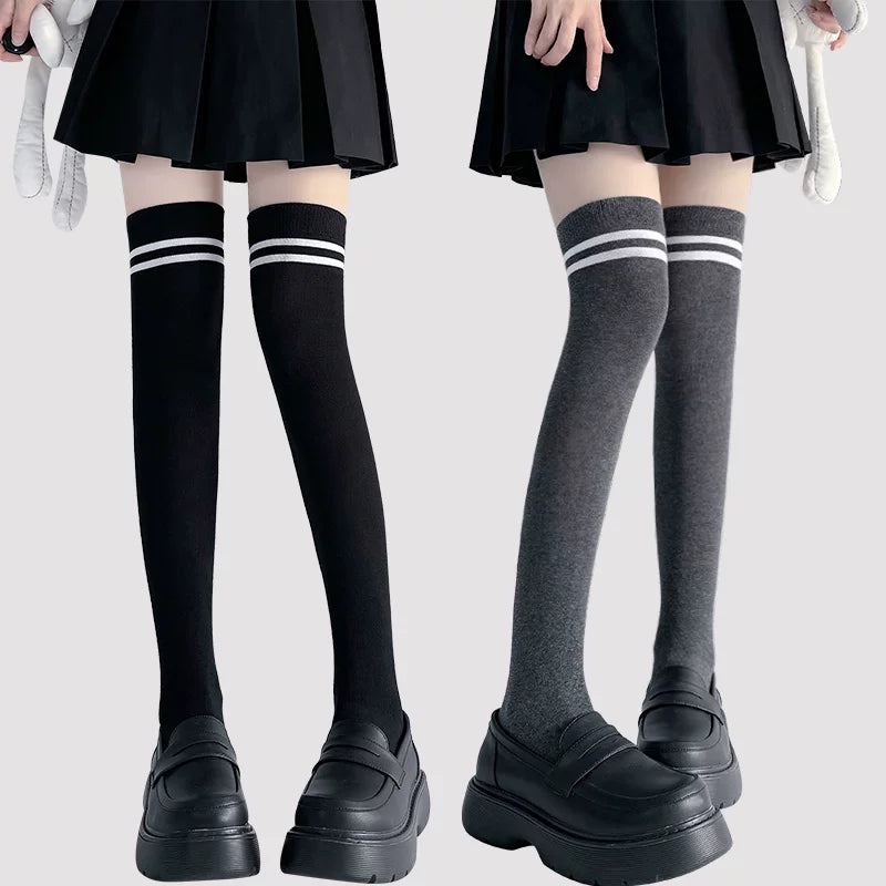Floral Milk Cat - Double Stripe - Cotton Over-the-Knee Socks with Contrast Double Stripes